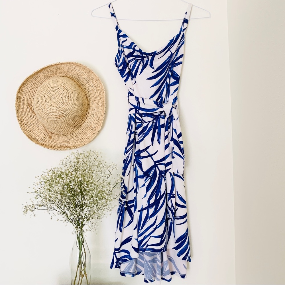 Blue & White Tropical Palm Branch Midi Dress